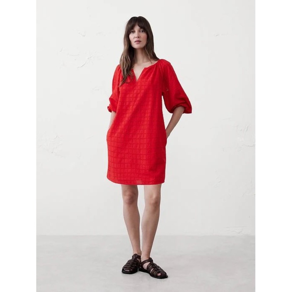 Banana Republic Red Eyelet Puff Sleeve Mini Dress V-Neck Cotton Pockets Size M